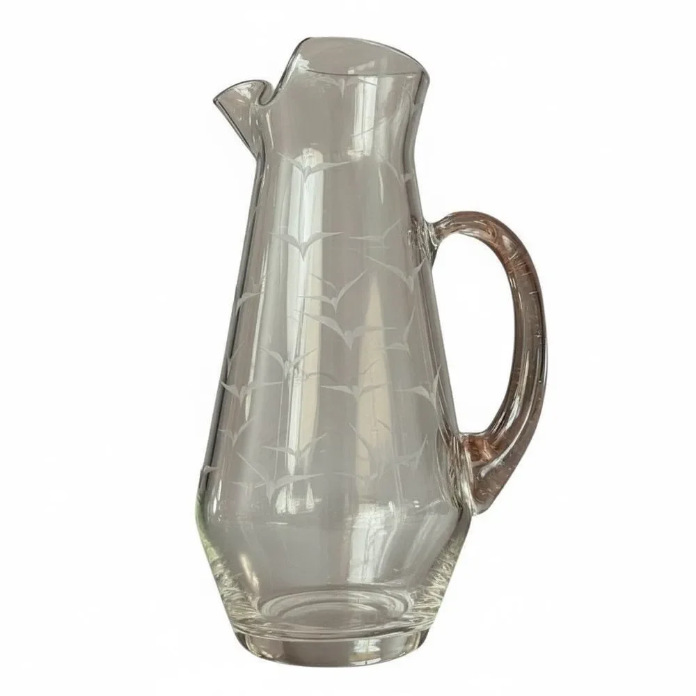 Vintage Mid Century Etched Glass Seagull Pitcher